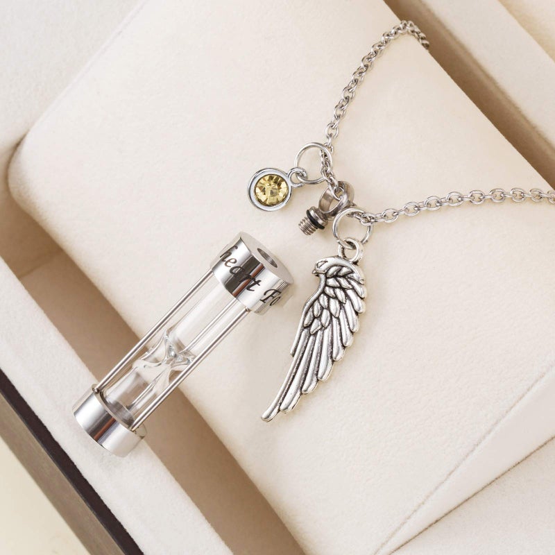 PREKIAR Cremation Urn Necklace for Ashes Time Hourglass Memory Jewelry Pendant Keepsake with Angel Wing and 12 Birthstones Forever In My Heart (Silver hourglass) - Image 3